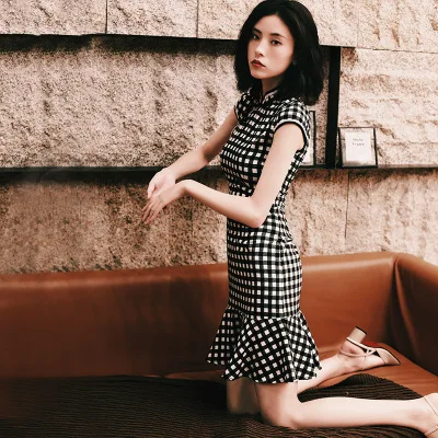 Летнее Хлопковое платье в полоску с винтажным рисунком русалки qipao для девочек - Цвет: E