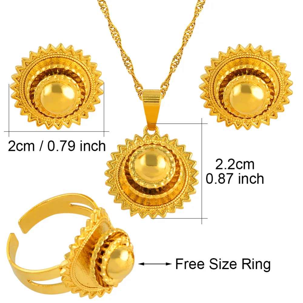 Gold Color Ethiopian Necklace Earrings Ring African Bridal Jewellery sets Habesha Eritrea Wedding Small Jewelry set#J0749