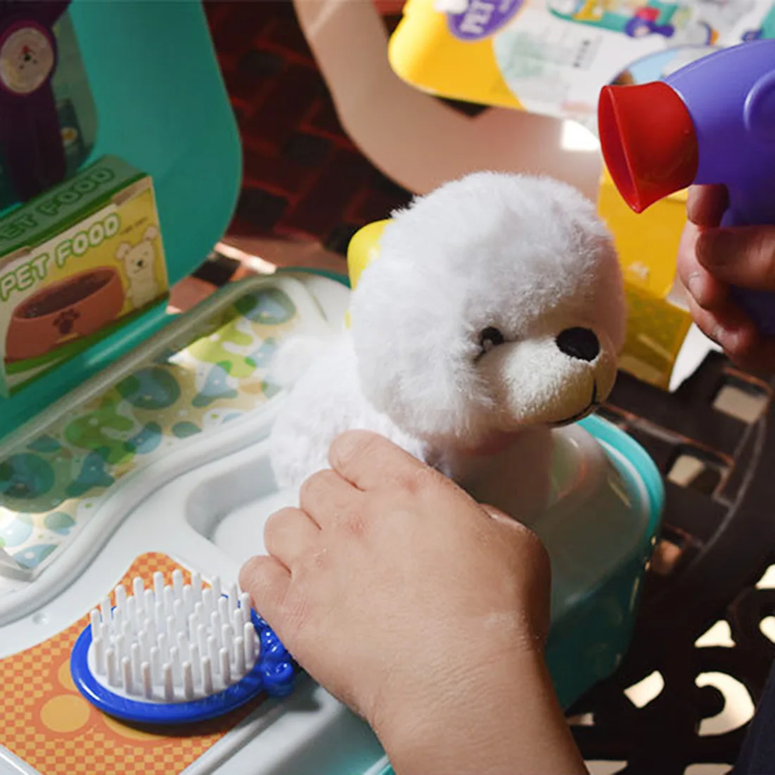 Hot Sale 14Pcs Children Pretend Play House Wash Suit Puppy Backpack Case Toy Pet Wash Backpack Playset Pet Dog Bath Trimmed Box