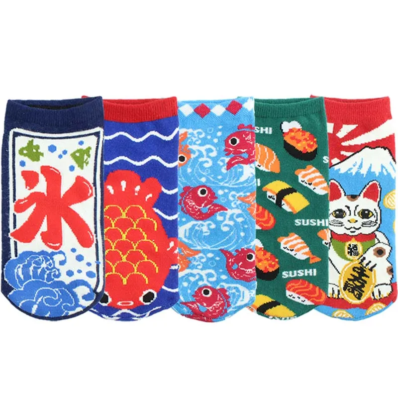 Женские носки с героями мультфильмов креативные Носки рисунком кошки рыбы суши