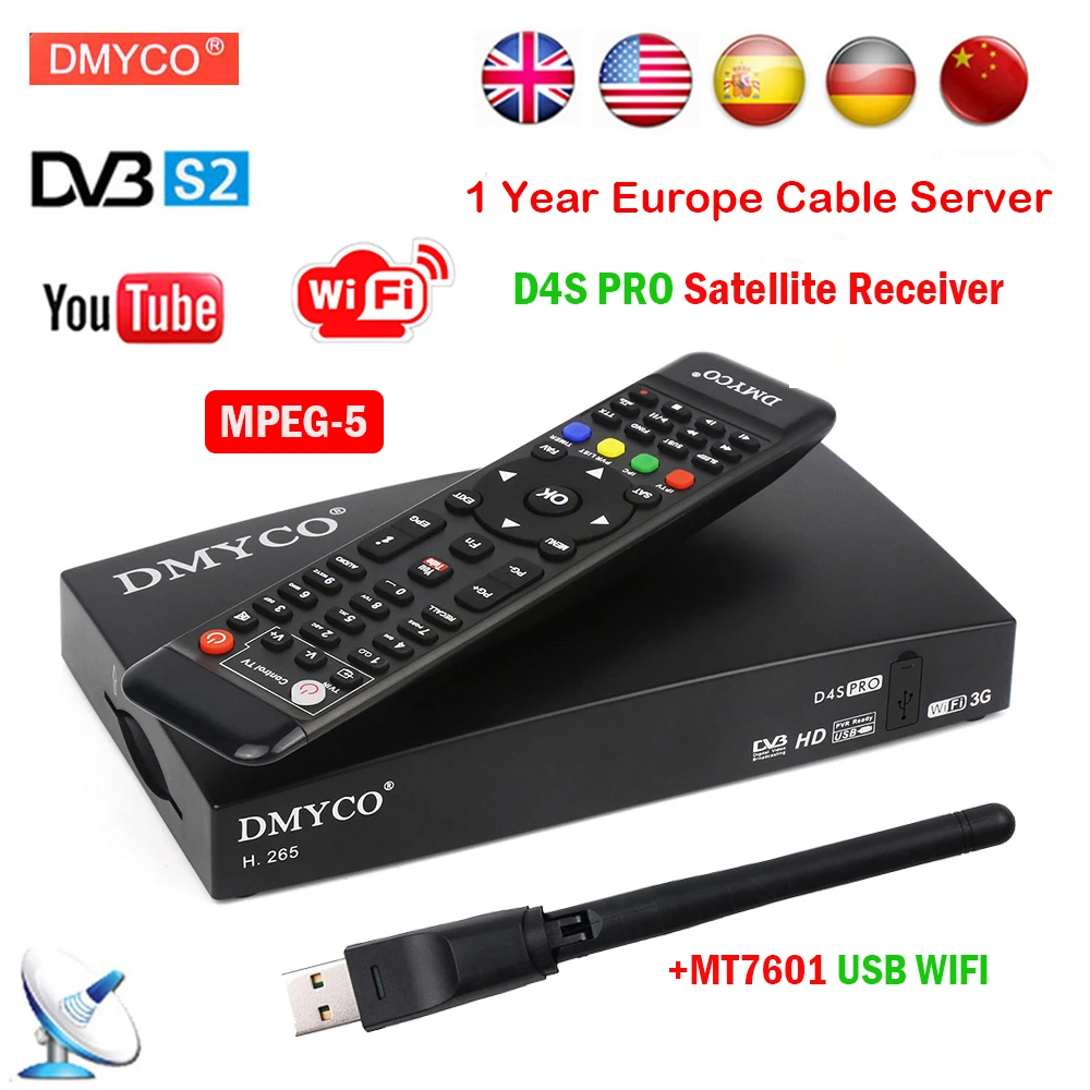 Спутниковый ресивер D4S PRO TV Receptor HD FTA DVB S2 lnb Full 1080P с USB WIFI 1 год Европа 7 кабель сервер