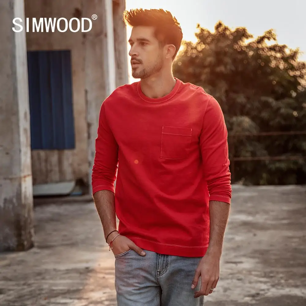 Мужская футболка SIMWOOD, брендовая осенняя футболка с длинным рукавом, однотонная футболка плюс-сайз из хлопка