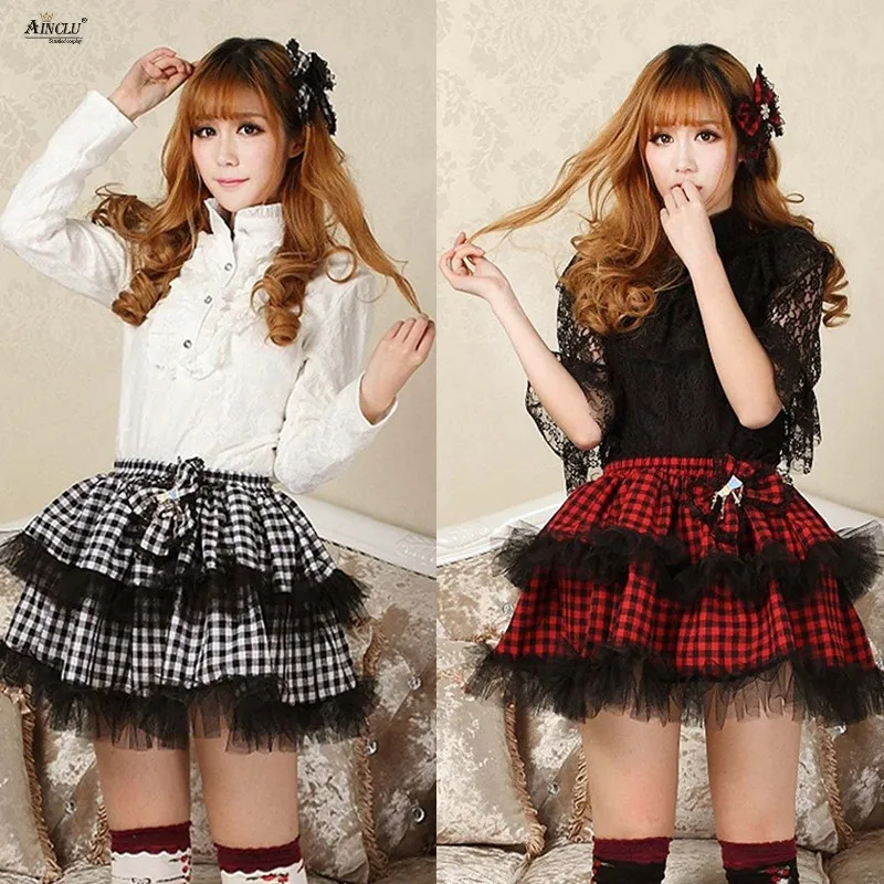 

Summer Lolita Lace Skirts Classic Summer Womens Cotton Polyester Black and Red Plaid Skirts