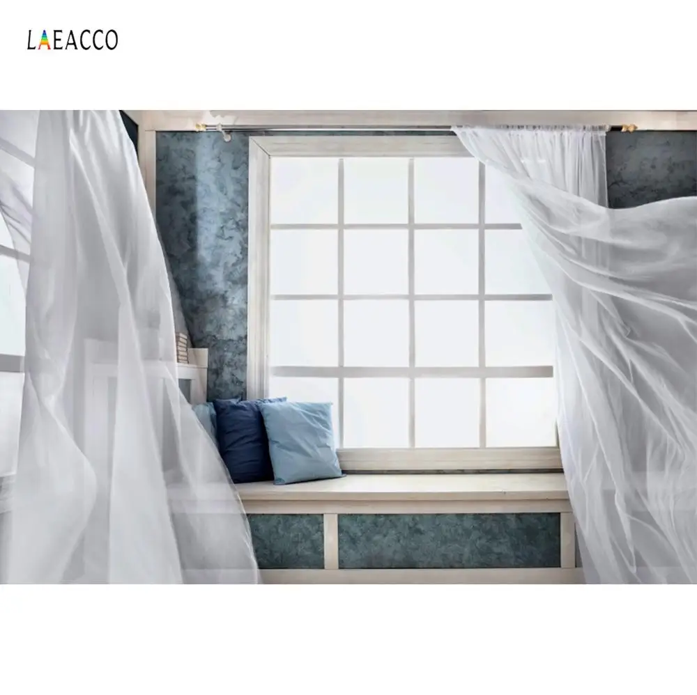 

Laeacco Gray Curtain Window Pillow Child Portrait Room Interior Photographic Backdrops Photo Backgrounds Photocall Photo Studio