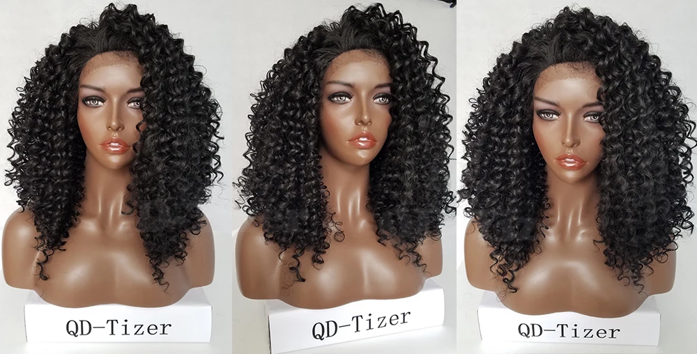 QD-Tizer парики на кружеве черный цвет 180 плотность кудрявые волосы без клея термостойкие синтетические парики на кружеве для женщин