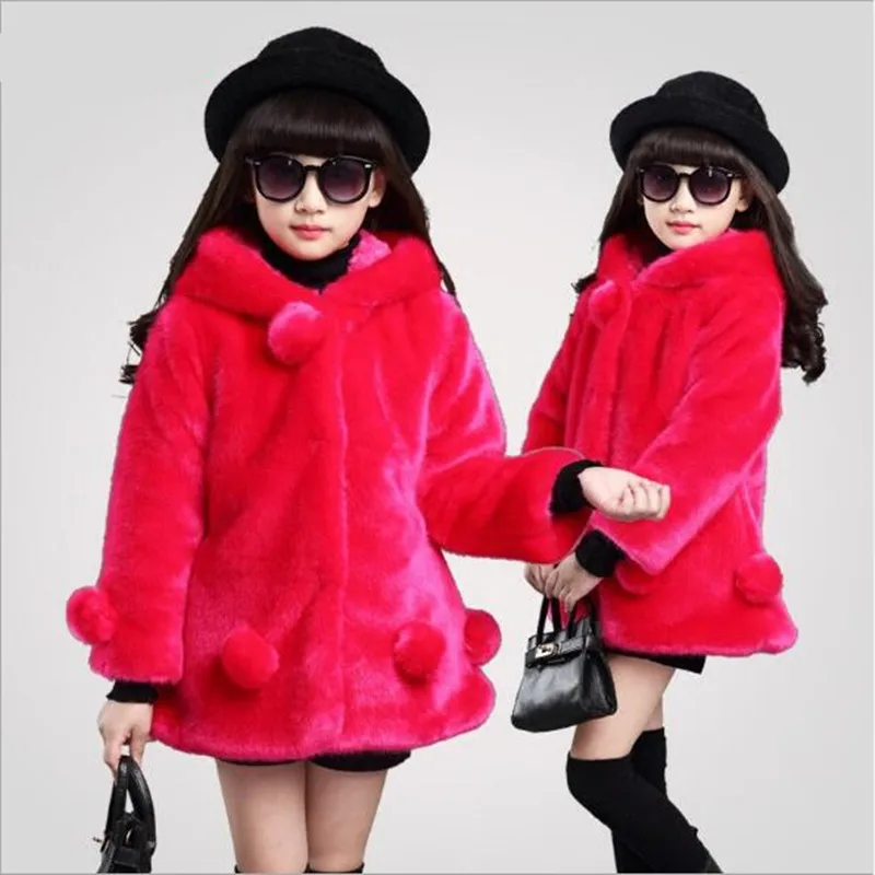 2018 Girls Thick Fake Fur Warm Jacket Imitation Rabbit Hair Outwear Children Faux Coat Teenage Hooded Overcoat QV126 | Детская одежда и
