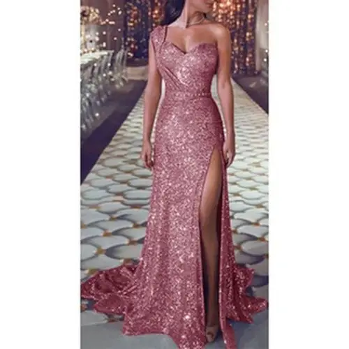 

2019 Sexy Women One Shoulder Sleeveless Sequins Dresses Solid Color Elegant Side Split Dress Party Evening Long Dress