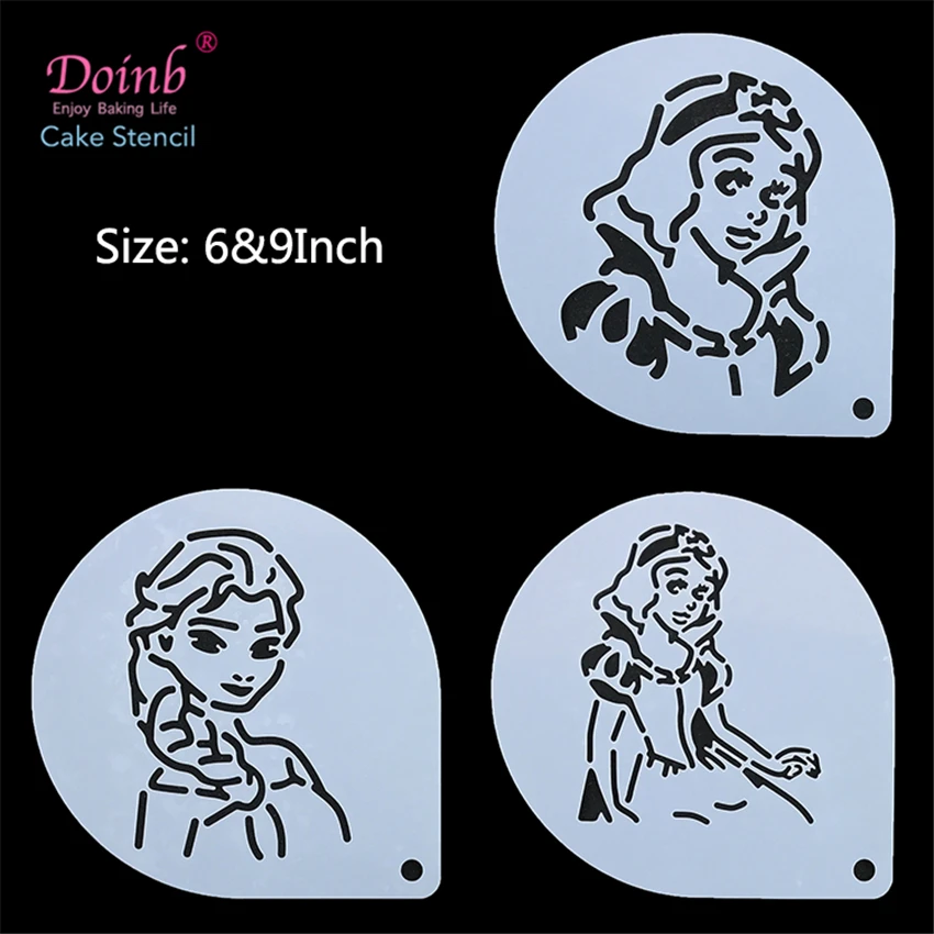 6&9Inch Cartoon Girl Cold Princess Plastic Cake Stencil Pad Mold Spray Flower Strew Duster Cupcake Fondant Baking Moulds