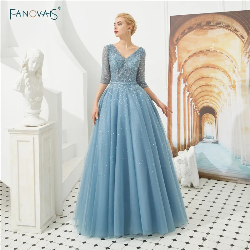 

Blue Evening Dress 2020 V Neck Half Sleeve Puffy Tulle Evening Gown Long Sequin Beaded Prom Dresses Vestido De Festa NS21