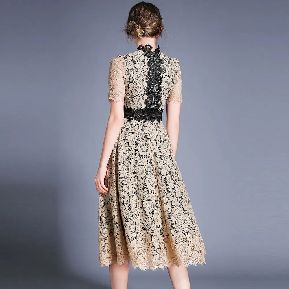 

Borisovich Women Elegant Party Dress New 2019 Summer Fashion Big Swing A-line Hollow Out Lace Luxury Female Long Dresses N1375