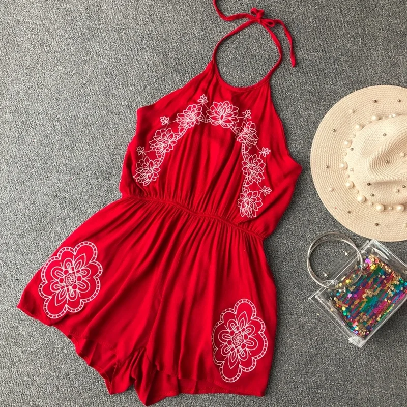 Vogue Холтер Узелок спинки цветочной вышивкой комбинезоны Для женщин Высокая талия