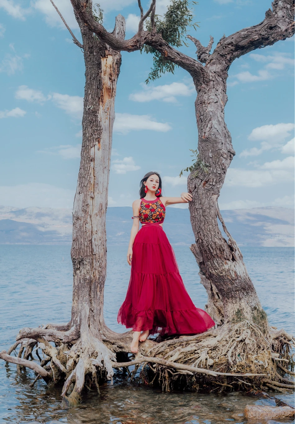 KHALEE YOSE Boho Макси платье летние винтажные вышитые платья шифоновые многоярусные завязанные без рукавов Midriff сексуальное платье Хиппи для женщин