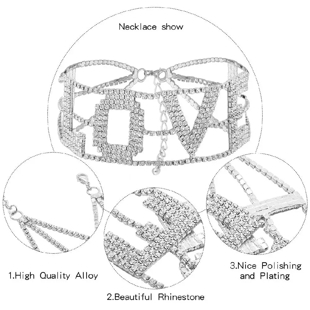 Sangdo Women's Sexy LOVE Letter Full Rhinestone Necklace Simple Stylish | Украшения и аксессуары