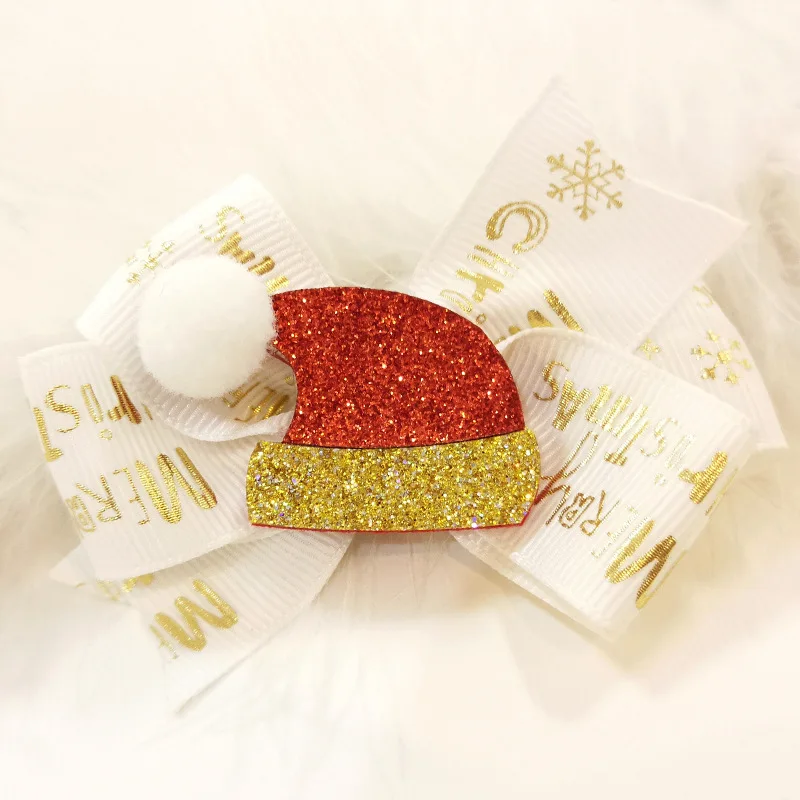 

2pcs/lot 3 Inch Cute Christmas Hair Bows Grosgrain Ribbon Snowman Printed Covered Hairpins For Children Hair Clips Accessories
