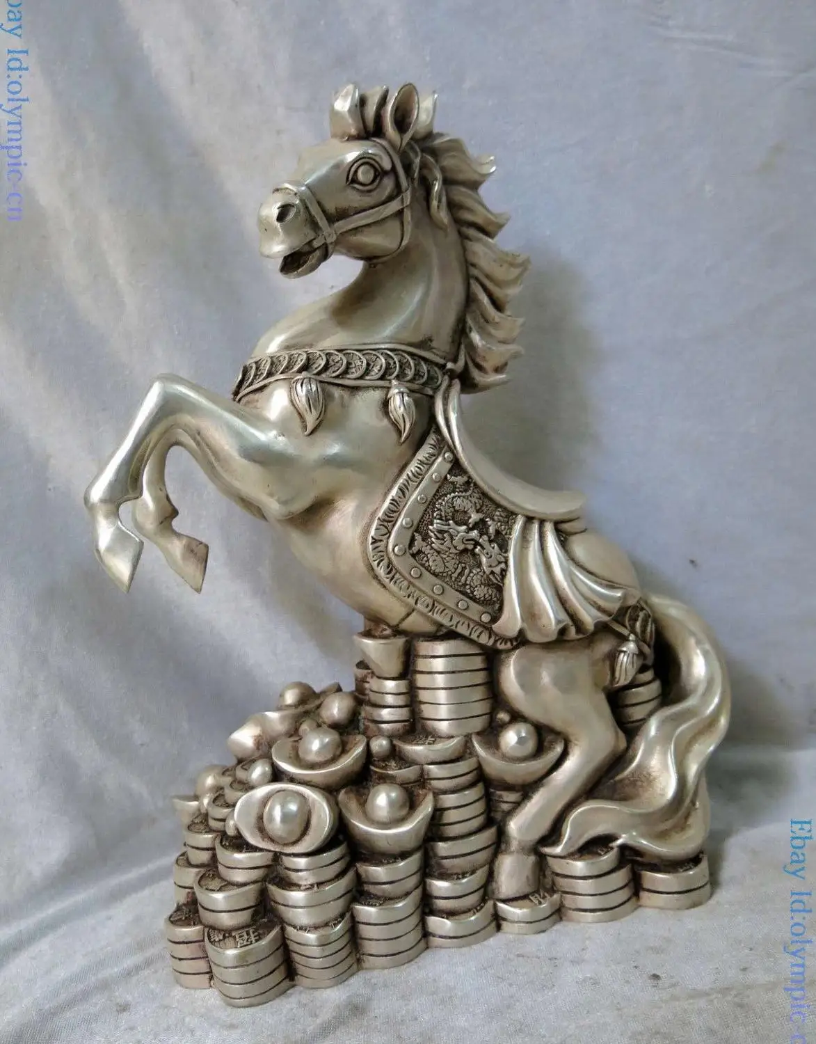 

Fine Silver sculpture China carved treasure Yuan Bao Fenf Shui Horse Statue
