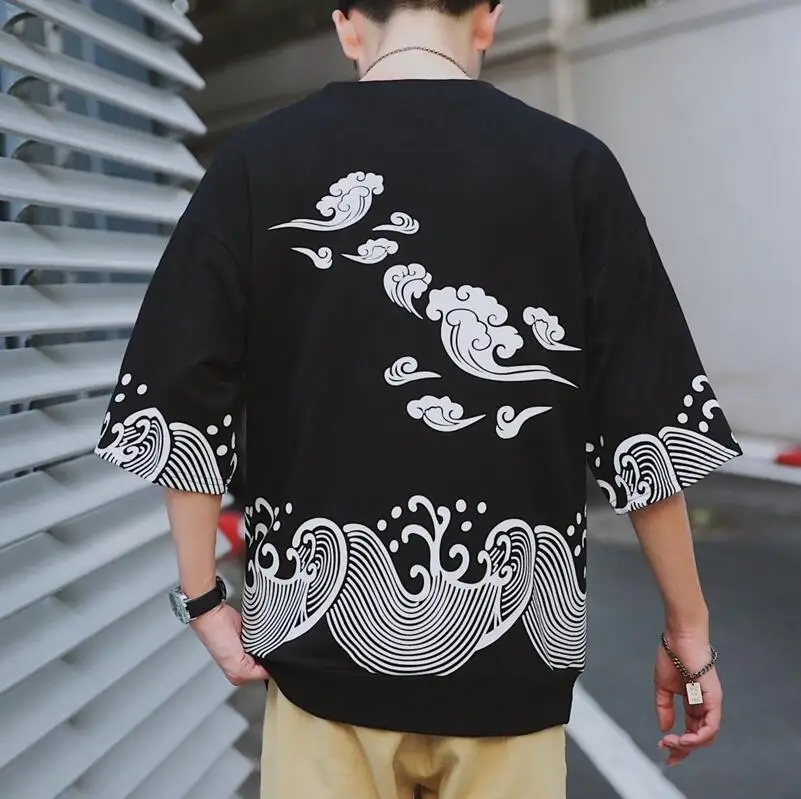 Японское кимоно кардиган для мужчин haori yukata мужской самурайский костюм одежда кимоно куртка мужская кимоно рубашка yukata haori FF001 - Цвет: Черный