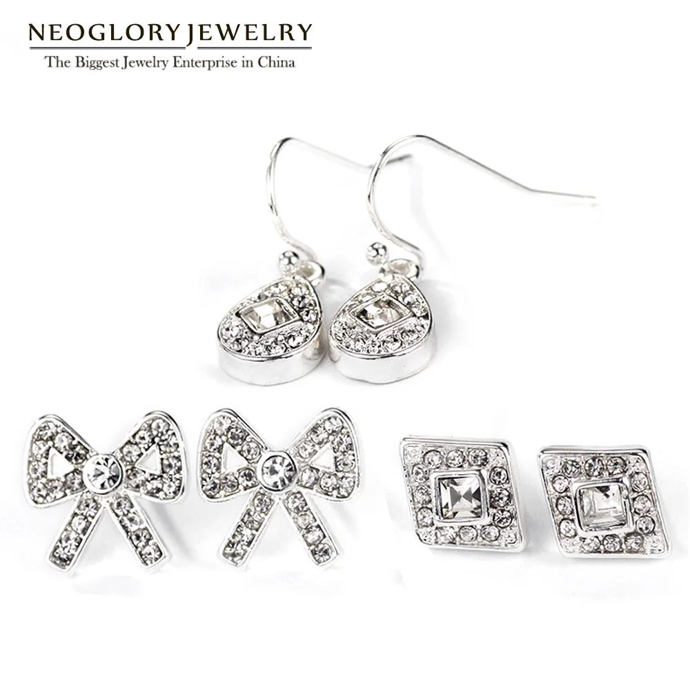 Серьги гвоздики Neoglory Стразы с белым бантом набор для женщин подростков девочек