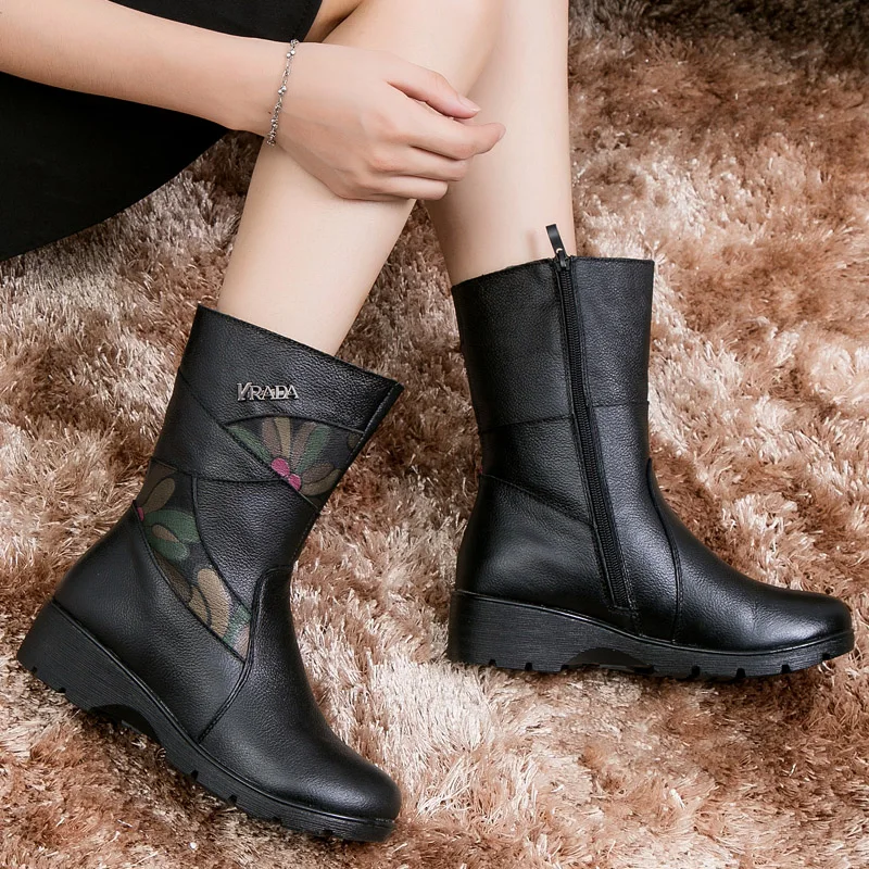 Классические черные зимние сапоги OUKAHUI до середины икры женские из натуральной