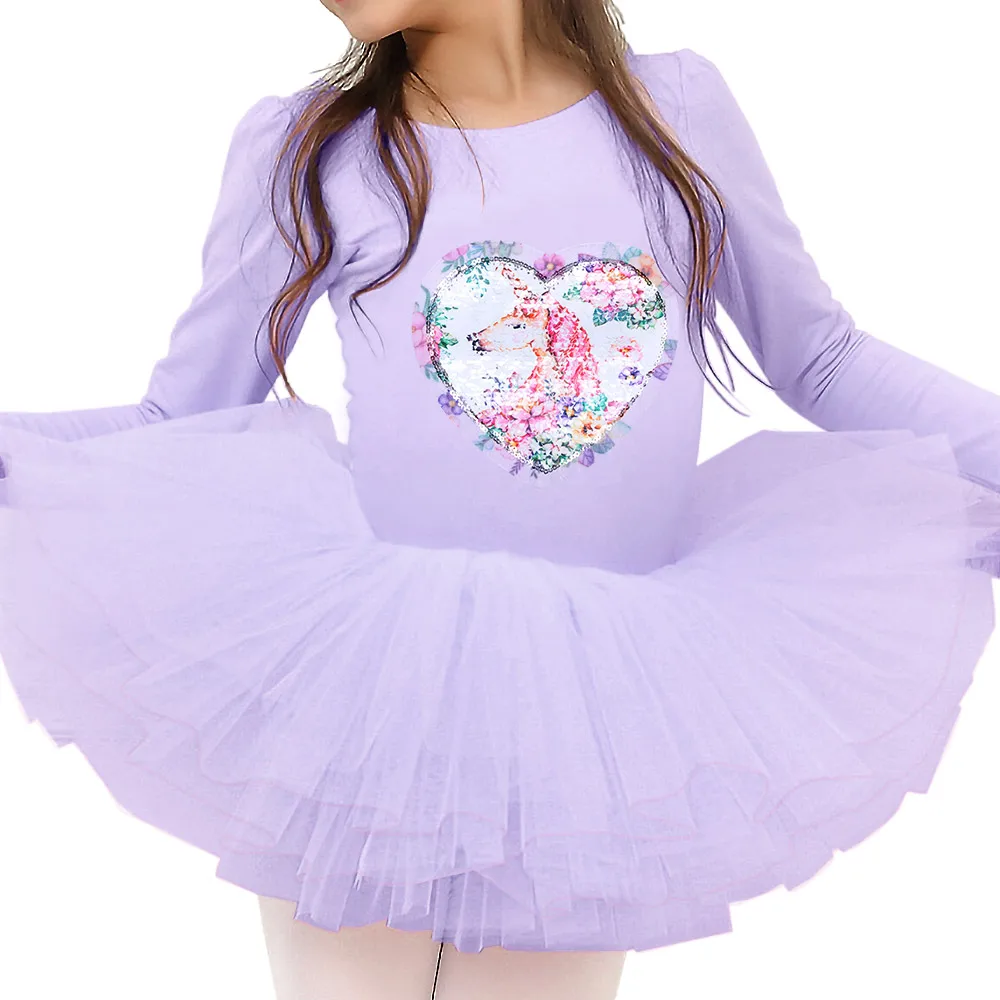 B184 HorsePurple BAOHULU/детский розовый костюм с рисунком короткий рукав нарядное вечерние фатиновые балетные кружевные рейтузы для танцев; платье с юбкой-пачкой, гимнастики, юбка-пачка для девочек платье, Одежда для танцев - Цвет: B184 HorsePurple