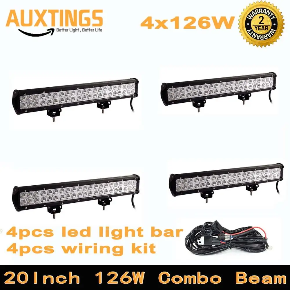 4pcs With wiring kit Светодиодный светильник для вождения 20 дюймов 126 Вт комбинированный луч внедорожный светодиодный светильник для 12 В 24 В лодка автомобиль тягач 4WD 4x4 внедорожник ATV трактор - Цвет: 4pcs With wiring kit