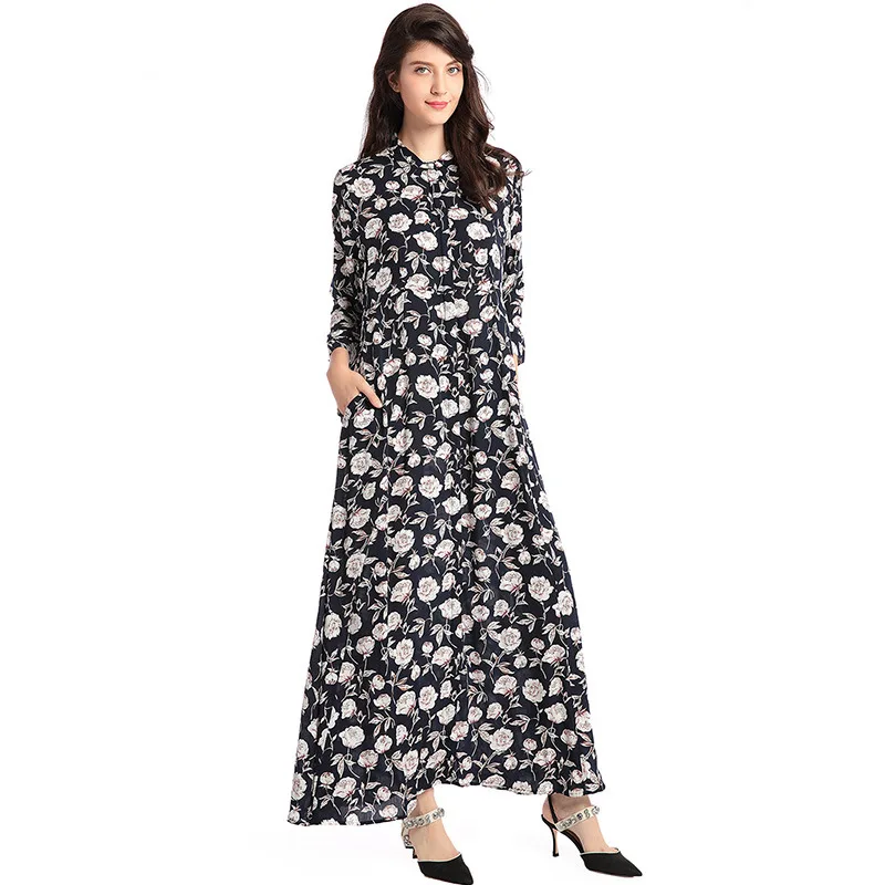 Vintage Print Muslim dress women middle east Maxi long Dress female Slim fit shirt dresses japan Malaysia elegant D510 | Тематическая