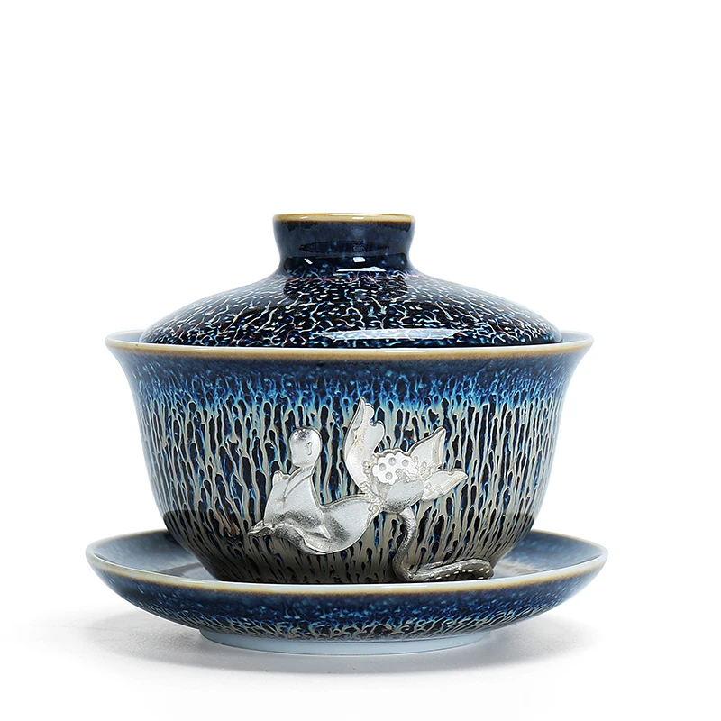 Креативная винтажная керамическая инкрустация Серебряная Gaiwan домашняя художественная посуда для напитков клатч чайный горшок чайная церемония чайная посуда чайная чаша с крышкой блюдце подарок - Цвет: H