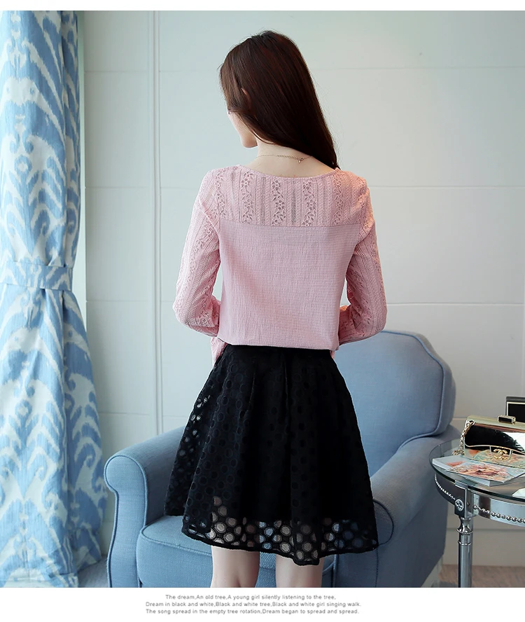 Flyyedemo Для женщин блузка рубашка 2017 Новая мода осень розовый Шифоновая Кружево