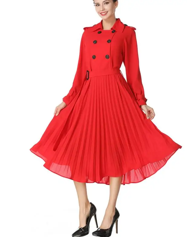 

Free Shipping High Quality Leisure Turn-down Collar Trench Style Woman Long Chiffon Pleated Dress Red With Belt
