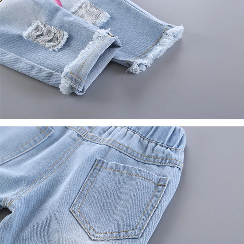 Штаны для маленьких девочек брюки с героями мультфильмов джинсовые рваные