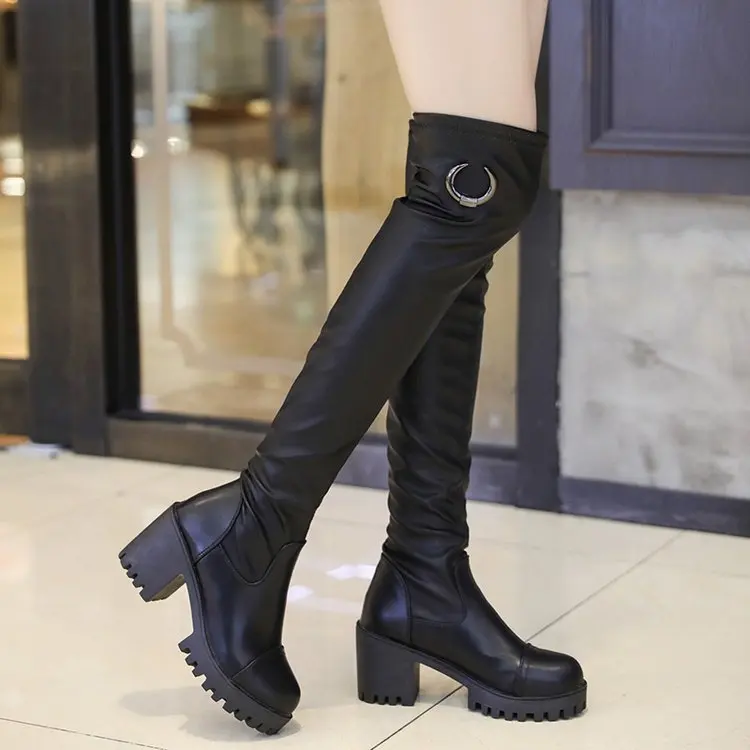 Новинка 2017 года сезон осень-зима Сапоги выше колена на толстом каблуке женская