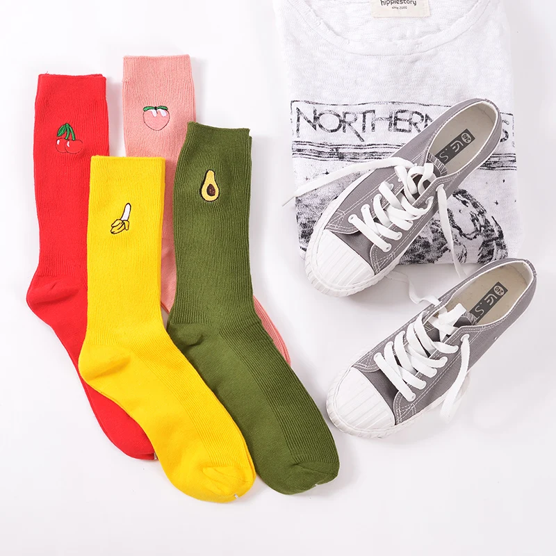 New Korean Pile Heap Socks Retro Embroidery Long Section Of Cotton Cute Comfortable Fruit Banana Cherry Pear Pattern | Женская одежда