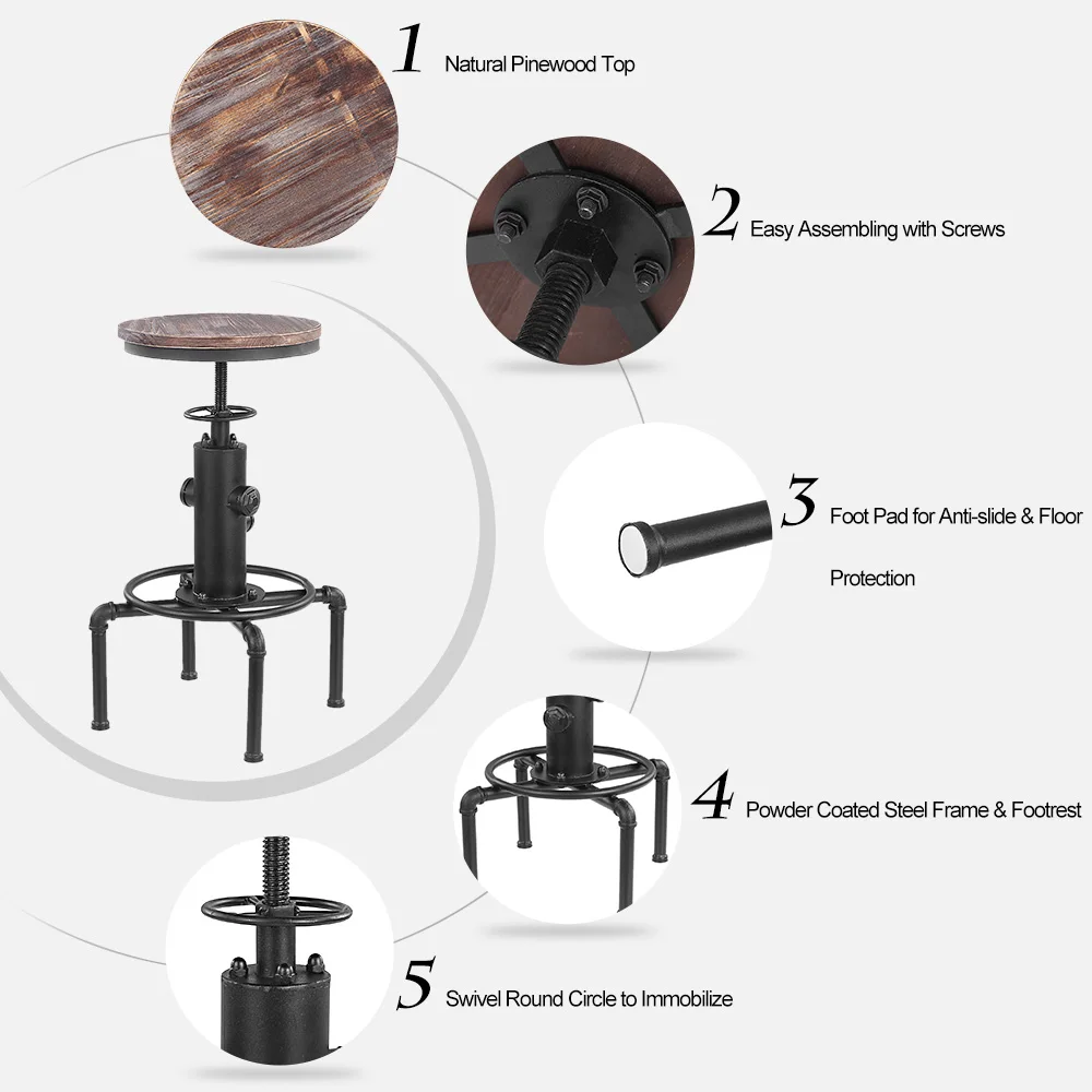 Стул iKayaa, барные стулья, металлический промышленный стул, регулируемый по высоте, Вертлюг, топовый кухонный обеденный стул, трубчатый стиль, барный стул