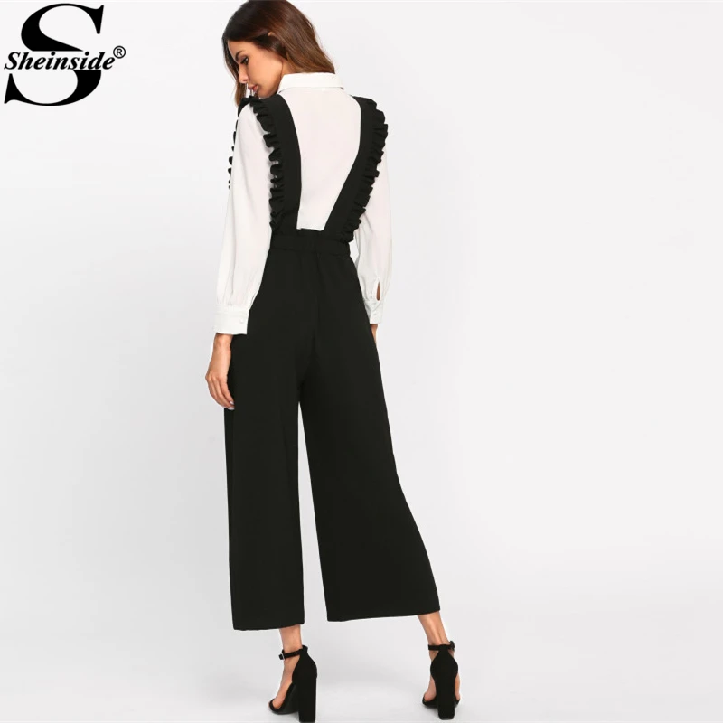 Sheinside, повседневные штаны-кюлоты с галстуком-бабочкой, с гофрированным ремешком, черные, с эластичным поясом, с карманом, свободные, широкие штаны, женские элегантные штаны