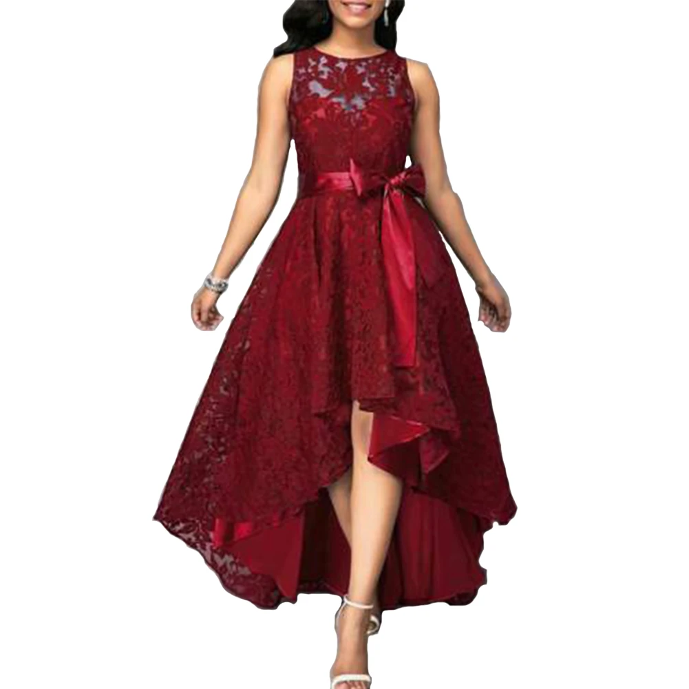 Wine Red Формальное коктейльное модное женское летнее платье с большим подолом, без рукавов, сплошное, вырез лодочкой, кружевное длинное платье для выпускного вечера, женское платье трапециевидной формы, вечерние платья - Цвет: Wine Red
