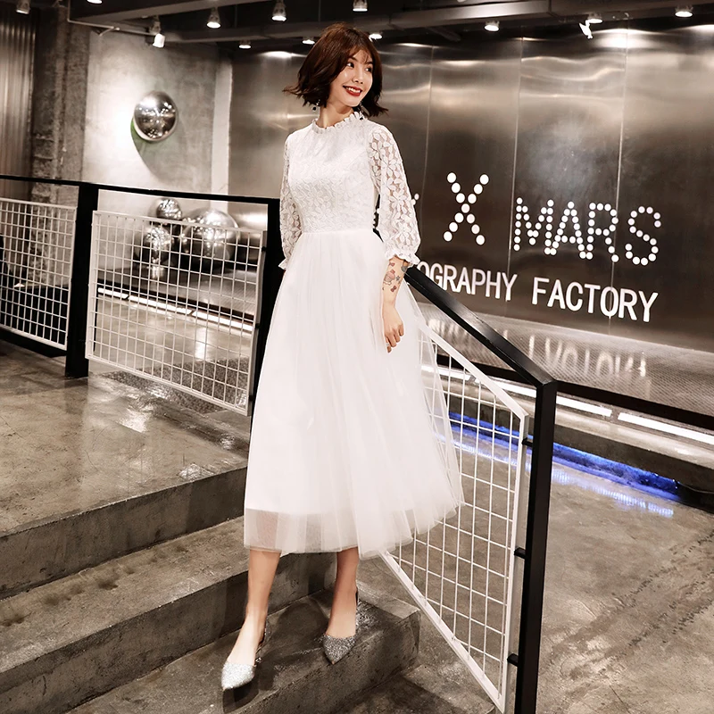 Элегантное простое Кружевное белое вечернее платье с длинными рукавами женский