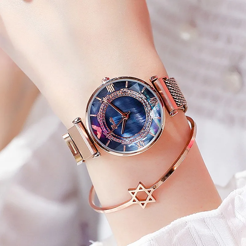 Роскошные женские часы с магнитной пряжкой серебристые розовые золотые со