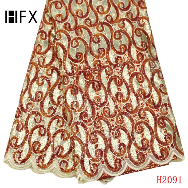 

HFX Organza French Nigerian Sequins Lace Fabric 2019 High-end African Lace Fabric Wedding French Tulle Lace For Dress 2091-1