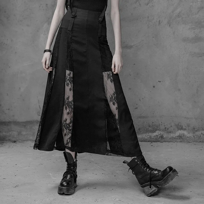 Панк рейв Готический женский сексуальный кружево с цветочным узором черная длинная юбка готические модные кружевные детали и съемные ремни на талии