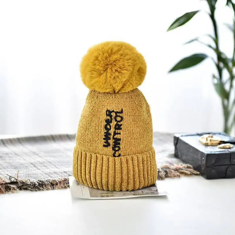 

New Autumn Winter Pompom Beanies Wool Caps Embroidery Letter Plush Soft Hat Women Warm Knitted Hats High Quality 2019