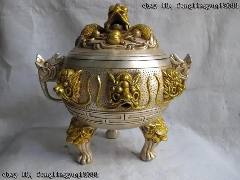 

Chinese White Copper Silver Gilt Buddhism Six Dragon Head incense burner Censer