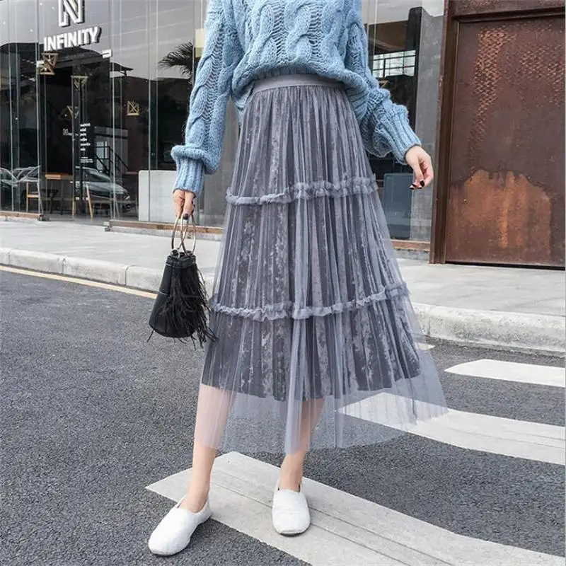 

women's clothing 2019 new arrival women spring autumn pleated mesh bust skirts girl pleuche sweet black fungus expansion skirt