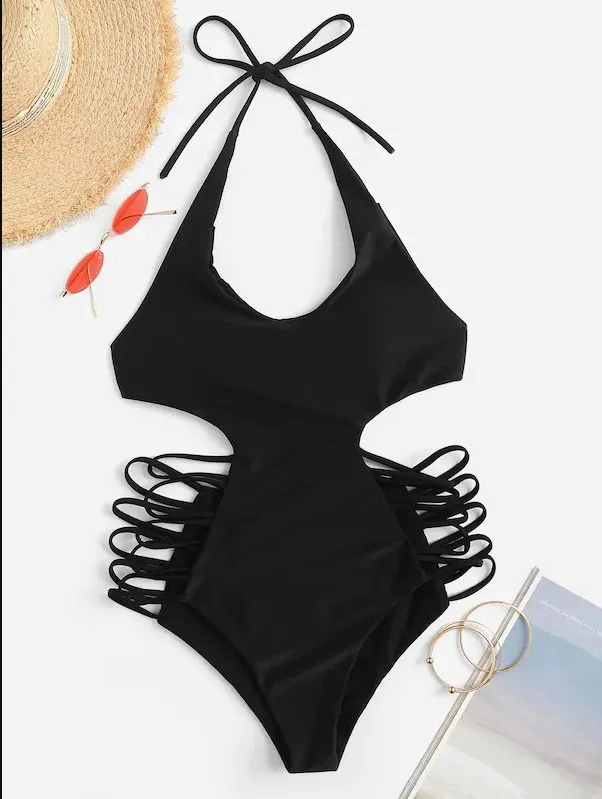 Summer One Piece Swimsuit Women Swimwear Sexy Hollow Sling Backless Padded Black Bathing Suit Halter Bodysuit Monokini Beachwear | Спорт и