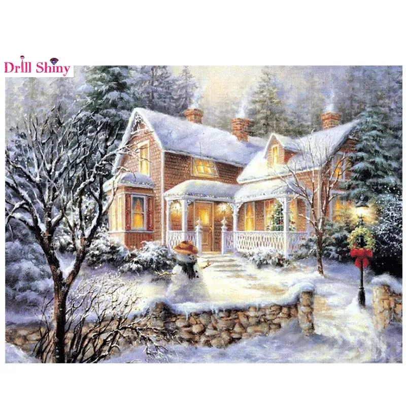 Алмазная мозаика полная вышивка бисер снег Европа кабина сад пейзаж с коттеджем