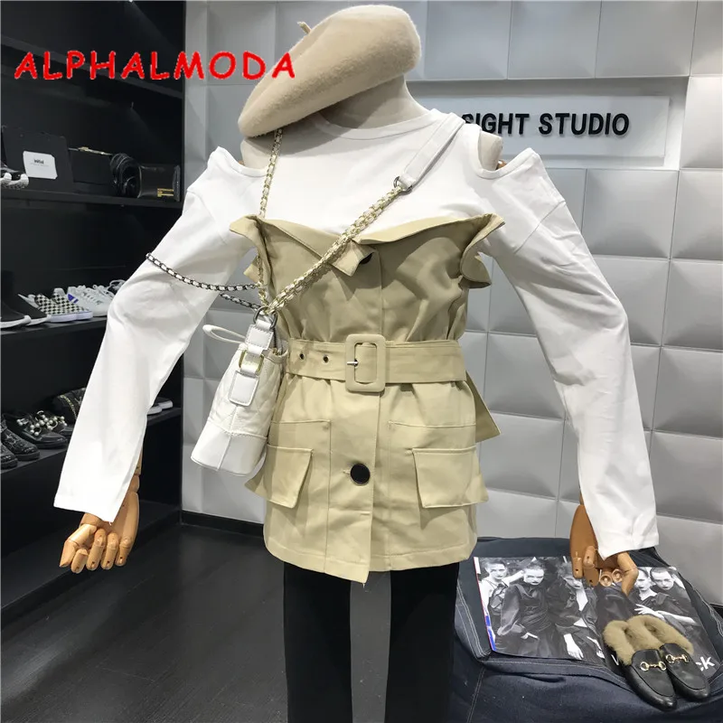 ALPHALMODA 2018 осенне зимняя Женская приталенная куртка Футболки с открытыми плечами