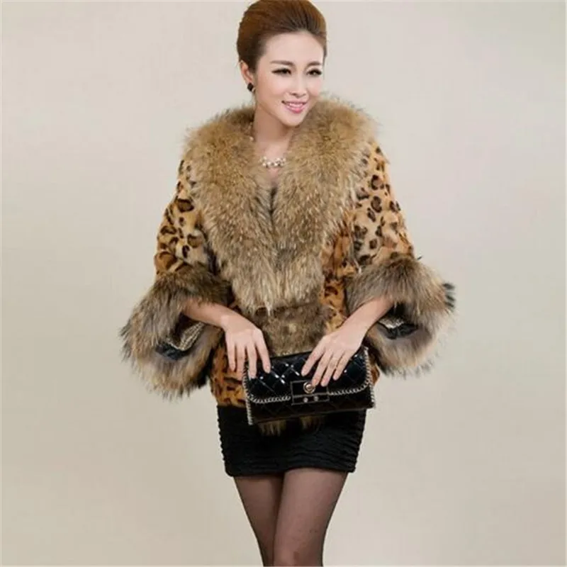 Леопардовые меховые пальто для женщин уплотненный воротник из меха енота
