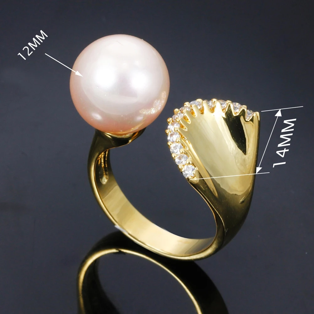 DC1989 Women Wedding Ring Mermaid Look 12 mm Synthetic Pearl 3 Colors CZ Paved Rhodium Color Femmes Anneaux Sizes 5 6 7 8 9 10
