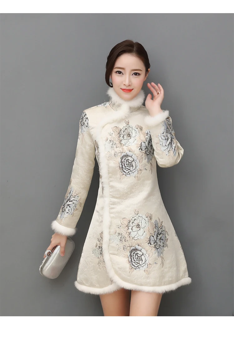 HANZANGL китайское традиционное женское платье Чонсам с длинным рукавом Qipao толстый теплый шерстяной воротник Ретро принт зимнее пальто чонсам
