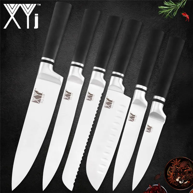 A.6pcs set XYj 6 шт. набор кухонных ножей из нержавеющей стали с нескользящей ручкой 7cr17 лезвие шеф-повара для нарезки хлеба Santoku нож для очистки овощей - Цвет: A.6pcs set