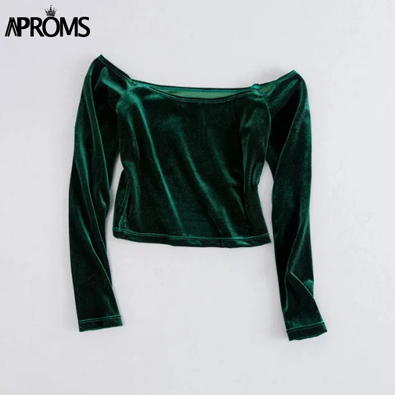 Aproms Элегантный с плеча Velvet Crop Top Для женщин Мода стрейч Майка укороченная женские осенние мягкие майки Tee