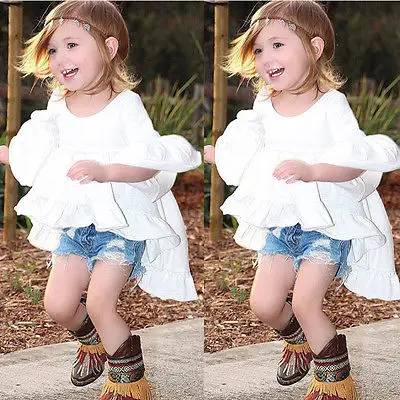 Новинка 2016 года модный топ для девочек детская футболка с оборками и
